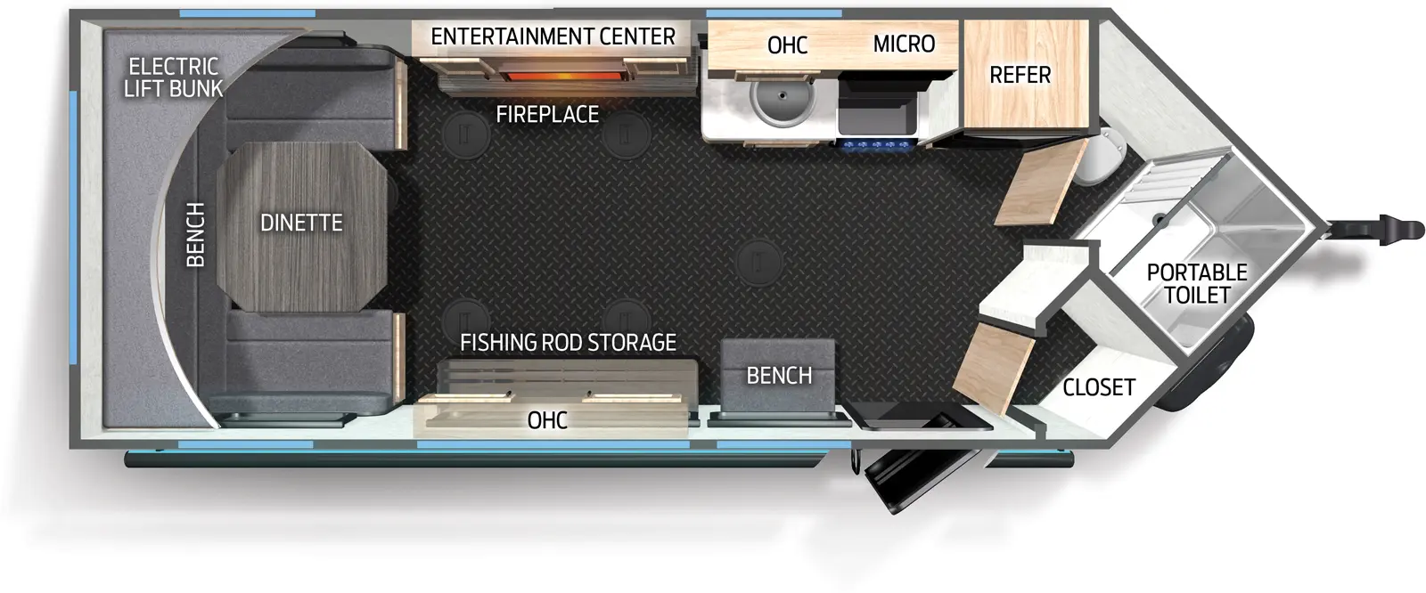 The Grey Wolf 17BB floorplan has one entry and zero slide outs. Exterior features include: metal exterior and 16' (Optional) awning. Interiors features include: u-dinette.